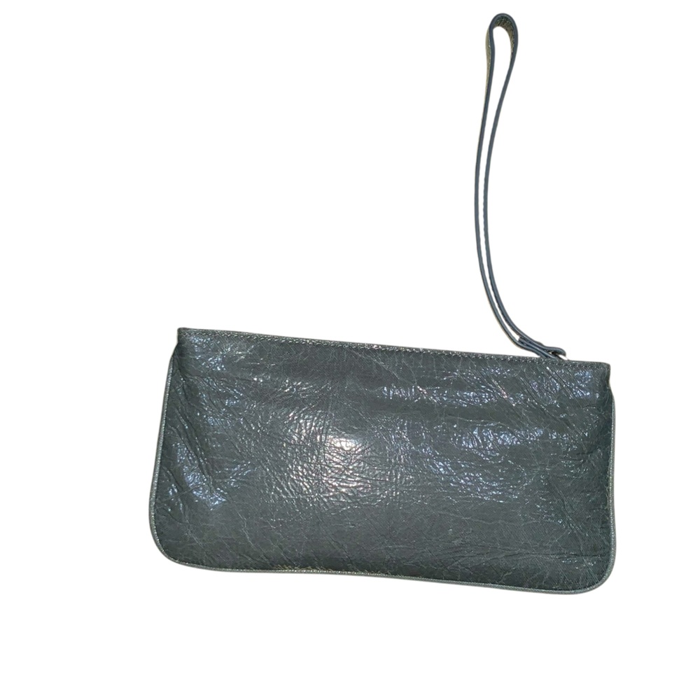 DKNY Small Wristlet Grey Patent Faux Leather Zipper Closure